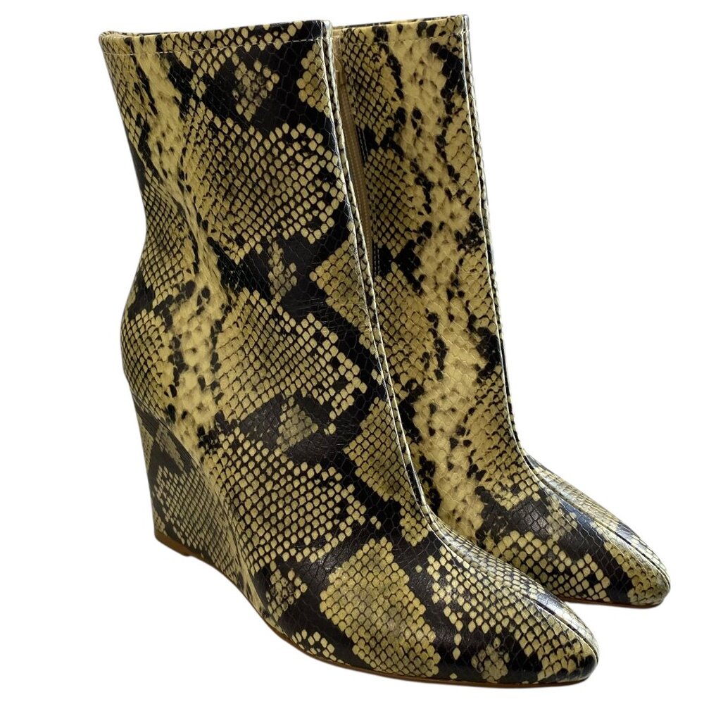 Matisse Kaia Snake Print Leather Wedge Ankle Booties Womens 6M Pointed Toe Tan